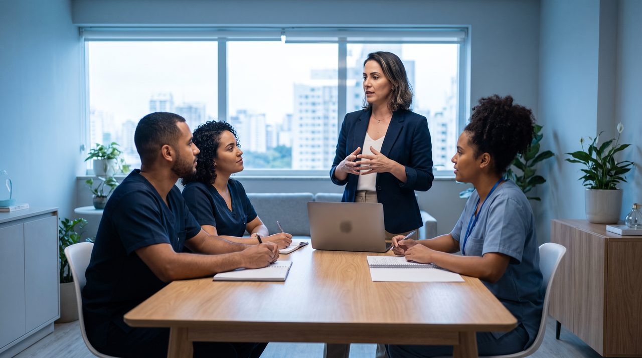Equipe de uma clínica reunida com a gestora conduzindo o alinhamento