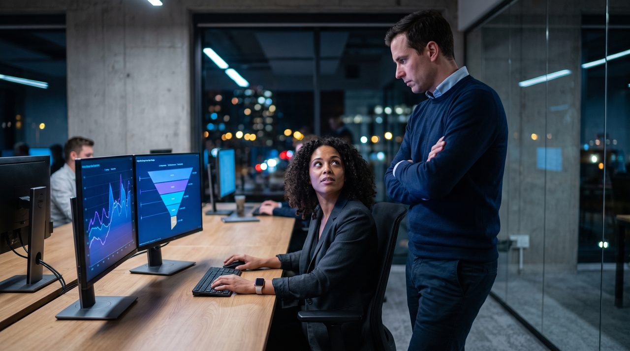 Equipe analisando funil e métricas de campanha em dois monitores