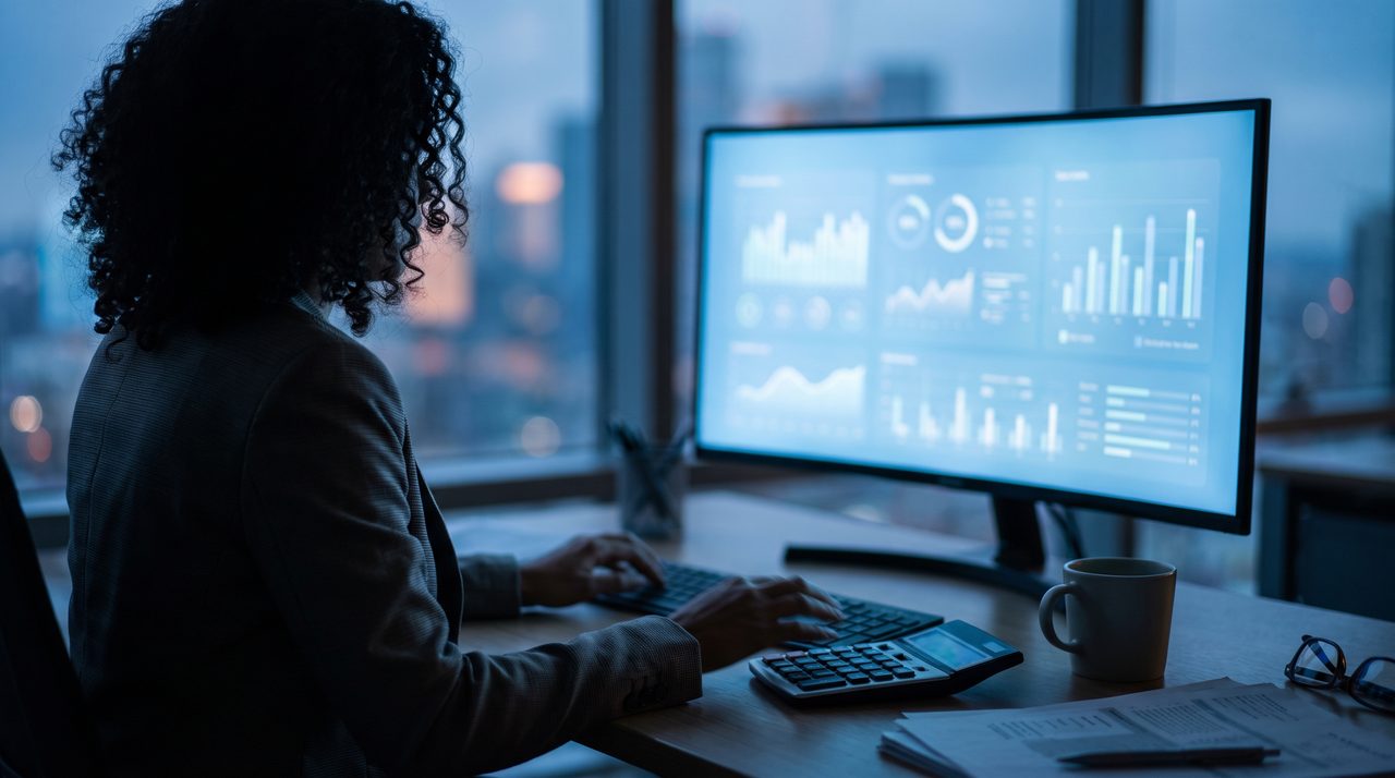Gestora analisando indicadores financeiros em painel na tela