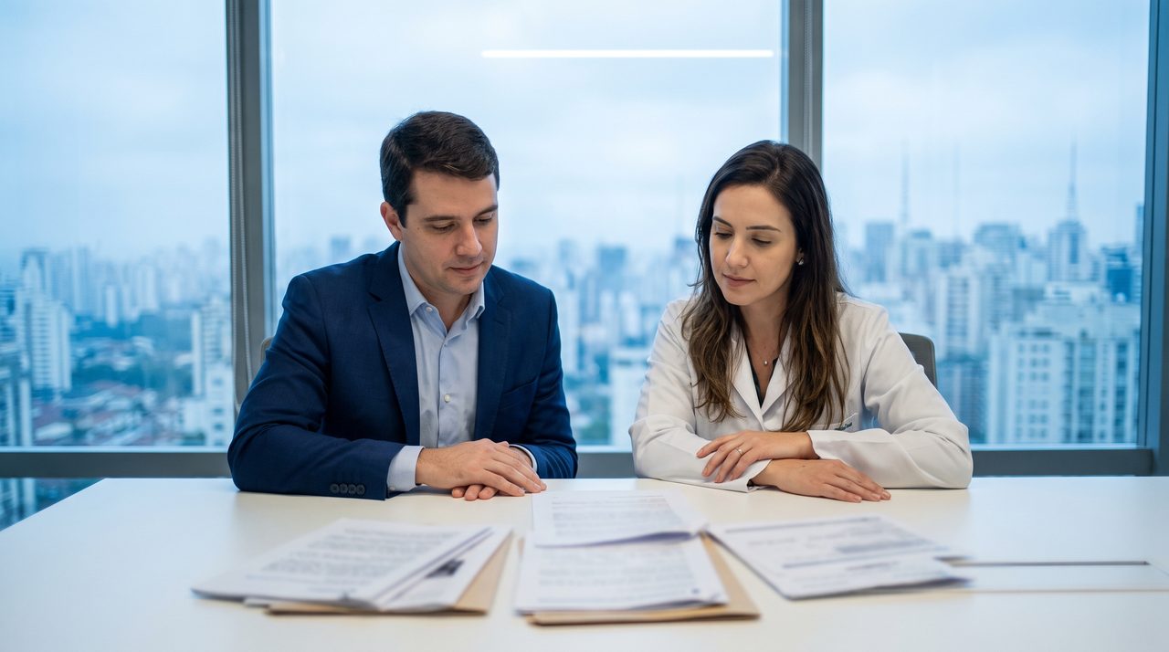 Consultor e médica revisando documentos societários e fiscais